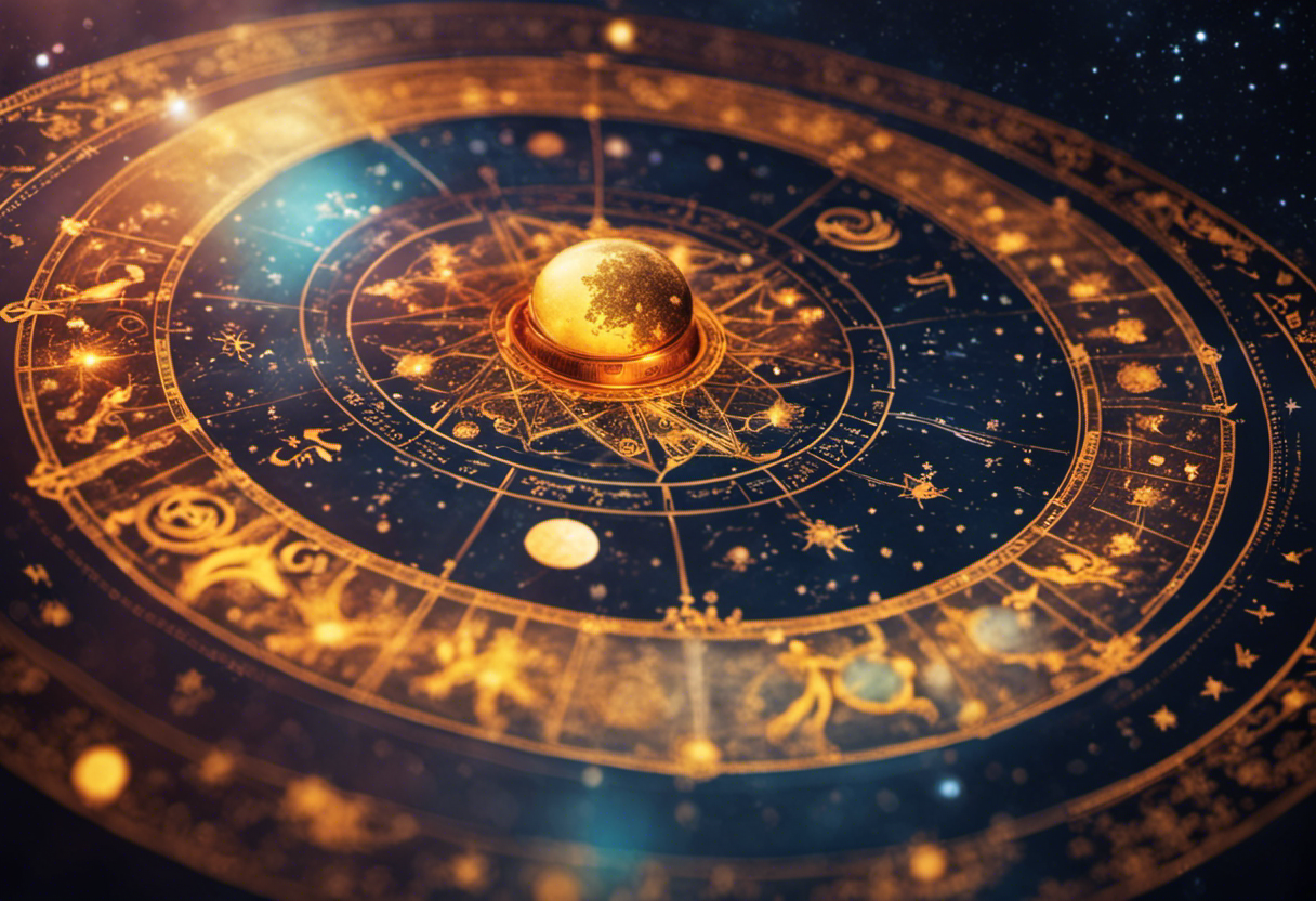 An image of a celestial map with intricate constellations and zodiac signs, adorned with vibrant colors