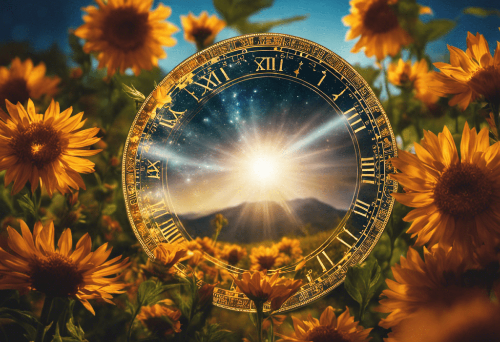 An image that depicts a celestial scene: a radiant sun shines upon a lush landscape adorned with blooming flowers, while a celestial disc displaying the Zoroastrian calendar hovers gracefully overhead, dispelling myths and misconceptions
