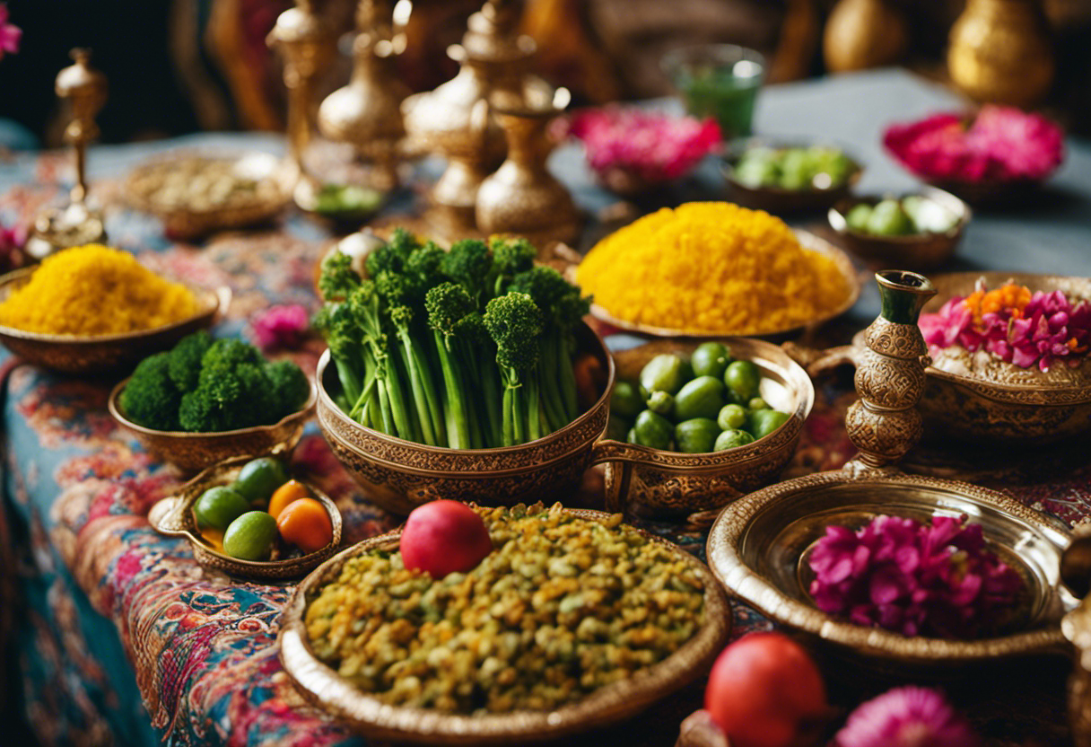 An image capturing the vibrant colors and aromas of a traditional Nowruz feast, showcasing a beautifully set table adorned with fragrant dishes like sabzi polo, mahi, and haft-sin, symbolizing fertility, prosperity, and renewal