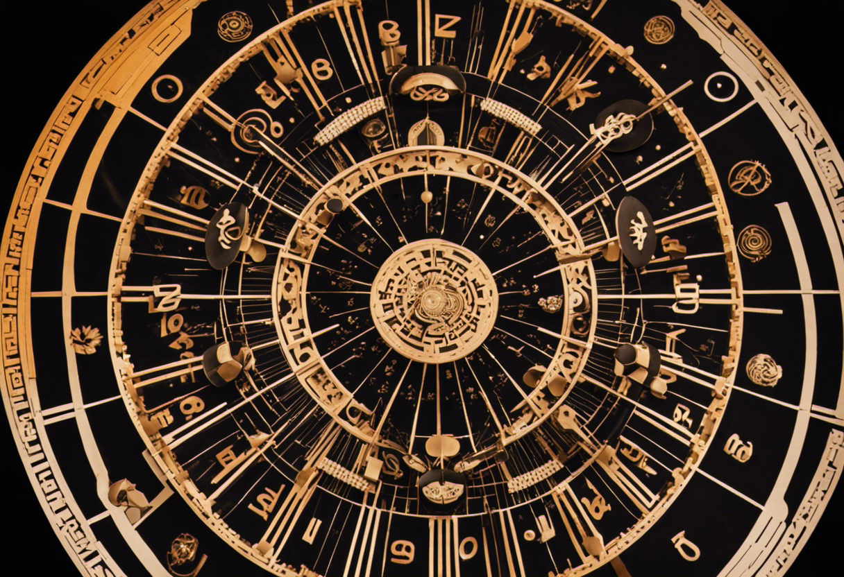 An image that showcases the intricate structure of the Zulu calendar, featuring a circular design with interconnecting lines and symbols representing the various months, seasons, and celestial events