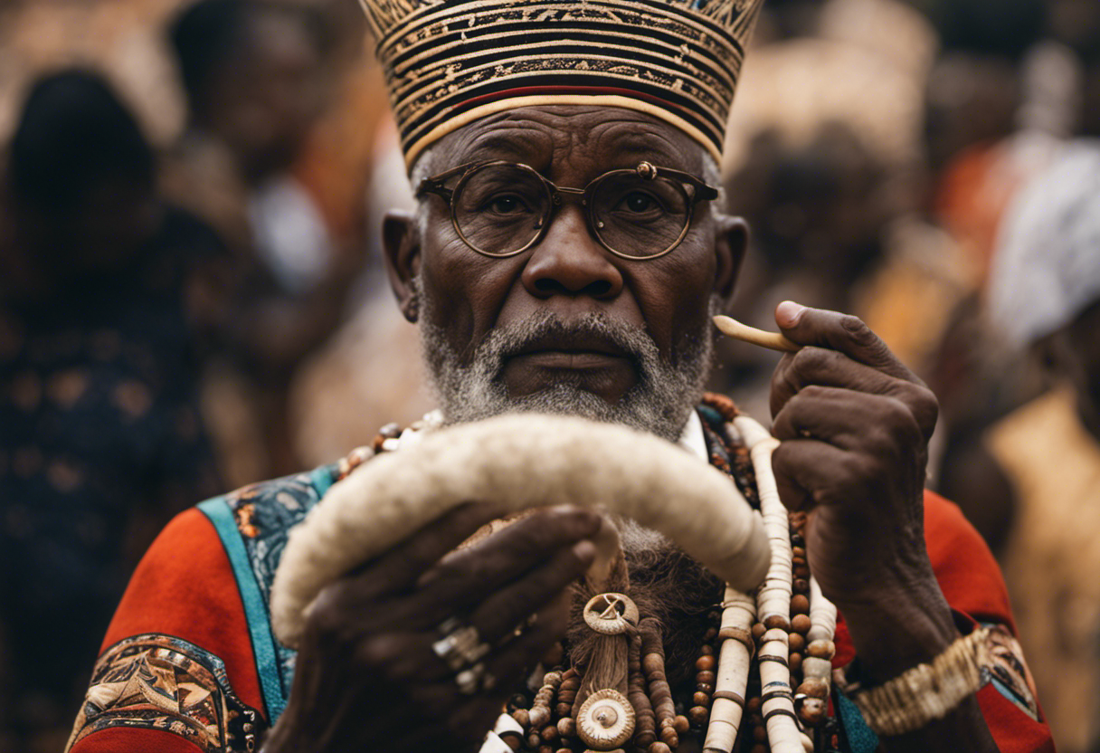 An image depicting a Zulu elder holding a sacred animal horn, adorned with intricate patterns and symbols