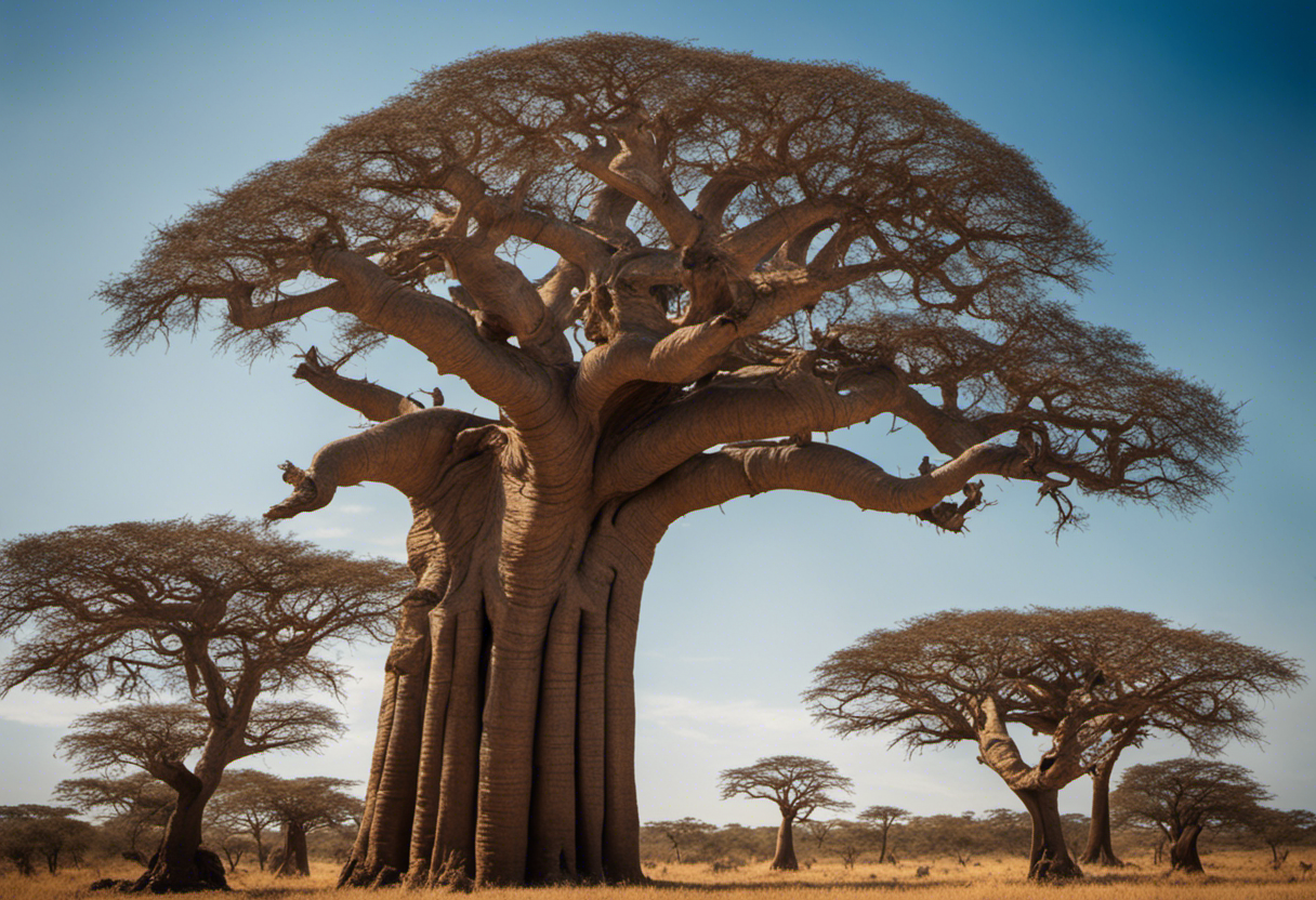 An image depicting a vast African landscape, with a clear blue sky overhead and a towering baobab tree in the foreground