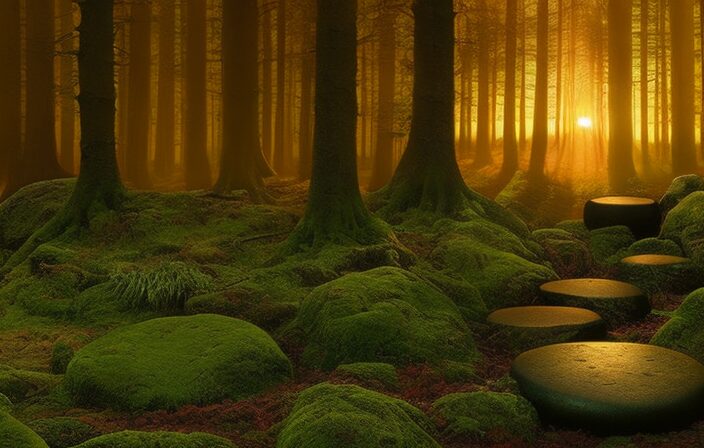 An image depicting a mystical forest bathed in a golden sunset, with ancient stone circles forming a celestial pathway