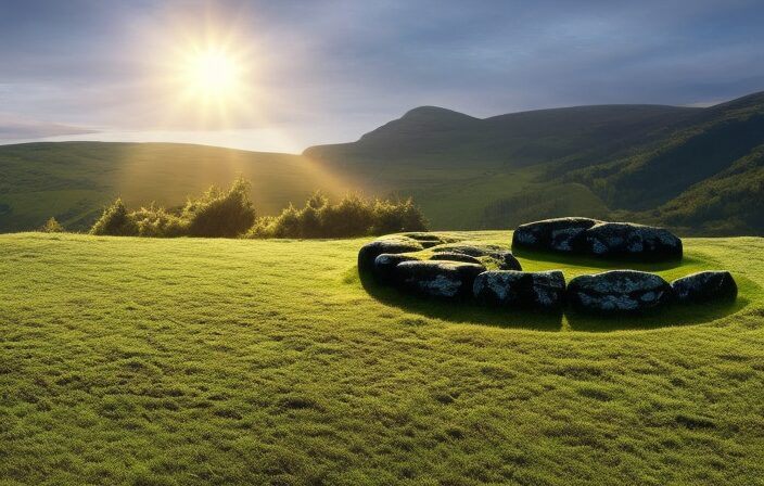 An image depicting an ancient Celtic stone circle, encircled by lush greenery, with the sun casting long shadows on the equinox