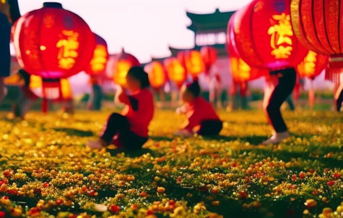 An image capturing the vibrant atmosphere of Lunar New Year celebrations, showcasing families playing traditional games like tug of war, shuttlecock kicking, and spinning tops amidst colorful lanterns, lively music, and joyful laughter