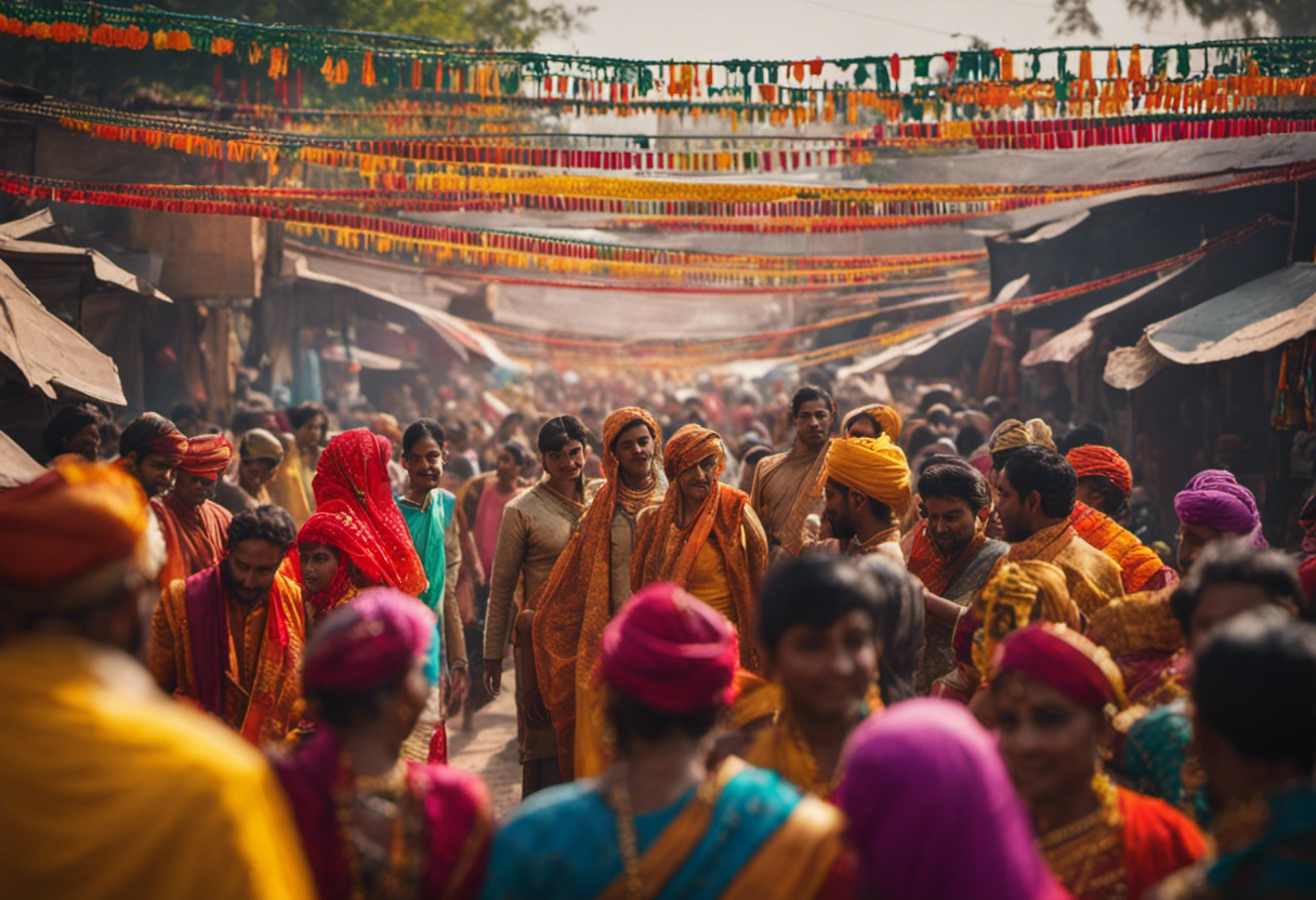 An image of a vibrant marketplace, bustling with people in colorful traditional attire, showcasing the diverse celebrations and festivals associated with each month in Vikram Samvat