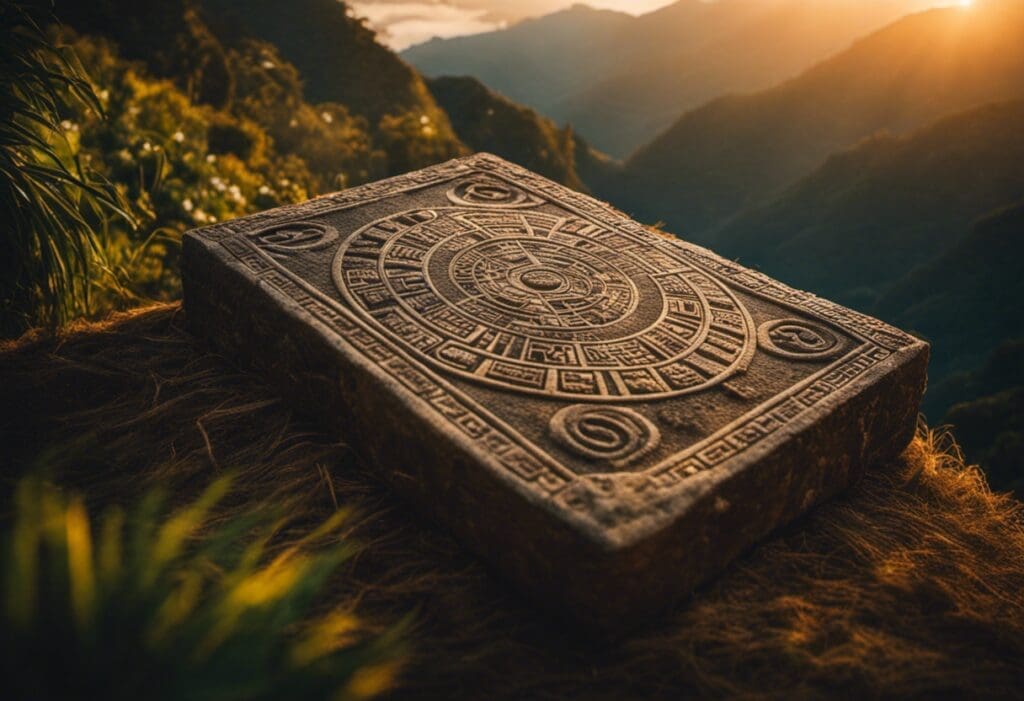 An image depicting an ancient stone tablet adorned with intricate carvings of celestial symbols, surrounded by a lush Andean landscape