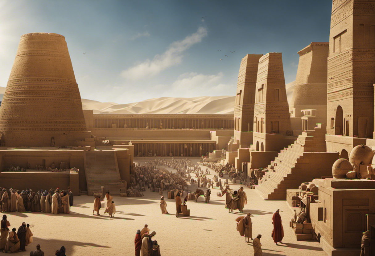 An image depicting a bustling marketplace in ancient Babylon, with merchants exchanging goods under the shadow of towering ziggurats