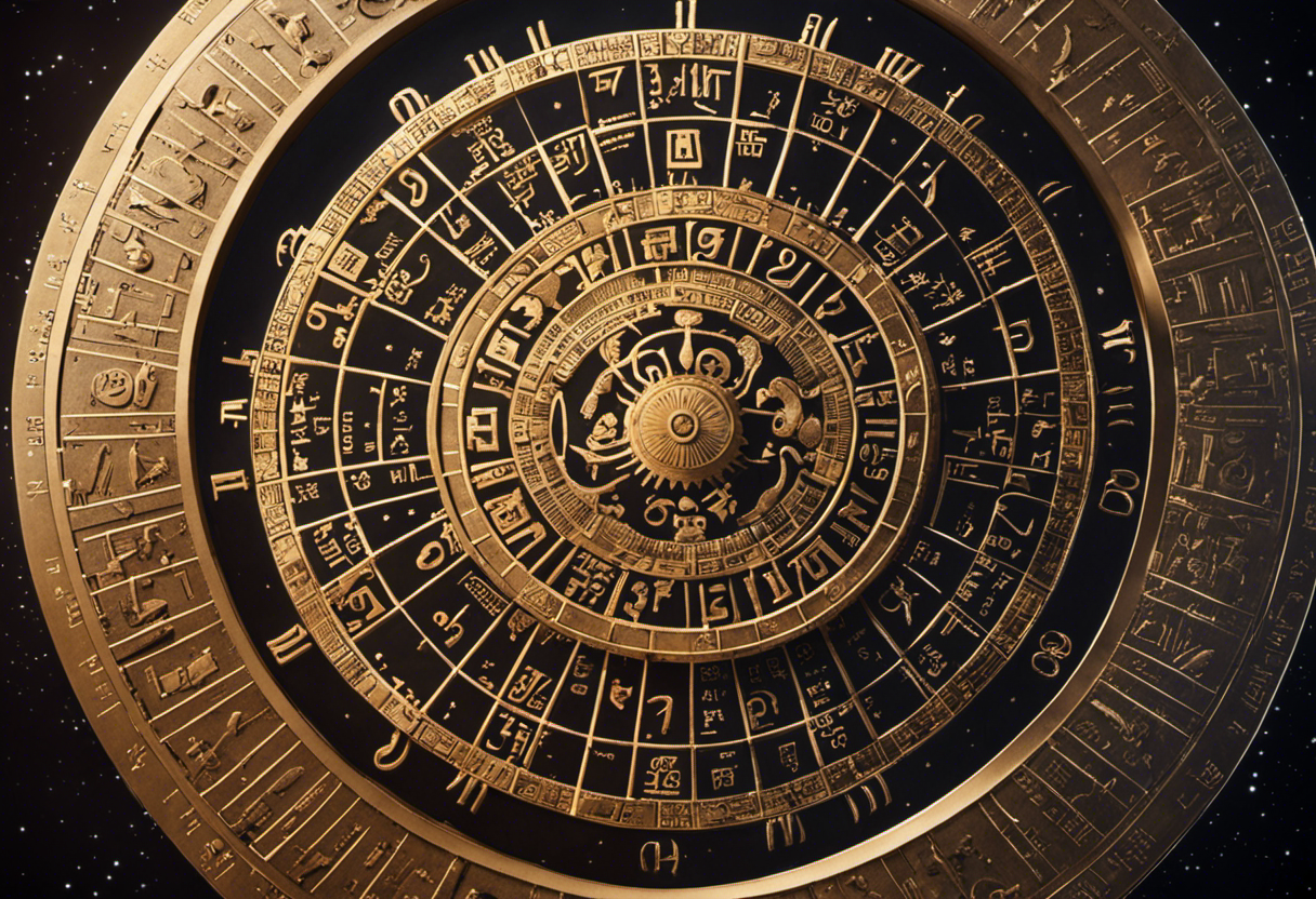 An image showcasing a circular calendar with intricate cuneiform symbols, highlighting the unique zodiac system and celestial motifs inherent in the Babylonian calendar, emphasizing principles of lunar cycles and astrological significance