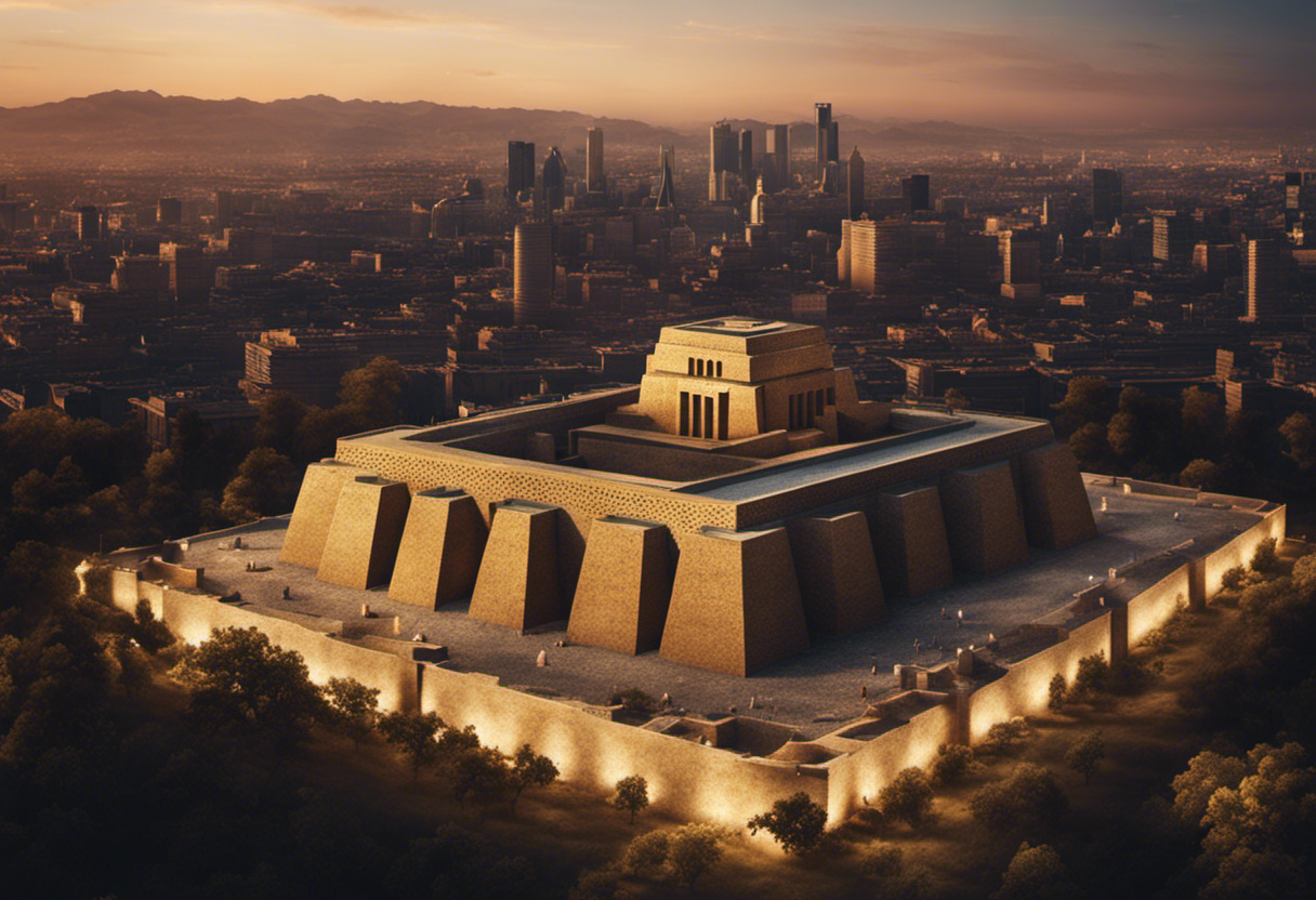 An image depicting an ancient Babylonian ziggurat, seamlessly blending into a modern cityscape, symbolizing the integration of the Babylonian calendar into contemporary society and the relevance it holds in our lives today
