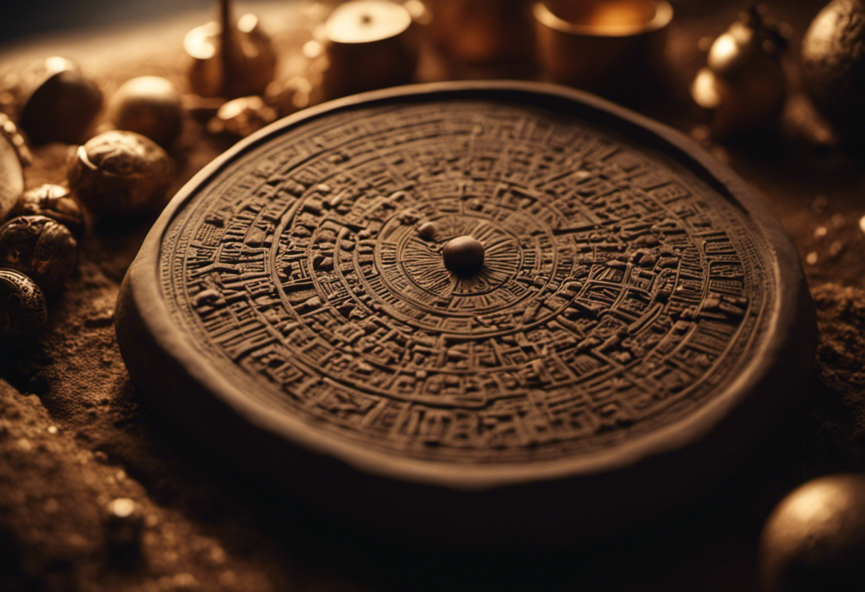 An image showcasing a stylized clay tablet with intricate cuneiform inscriptions, depicting a skilled astronomer using ancient instruments to calculate the current year in the Babylonian calendar system