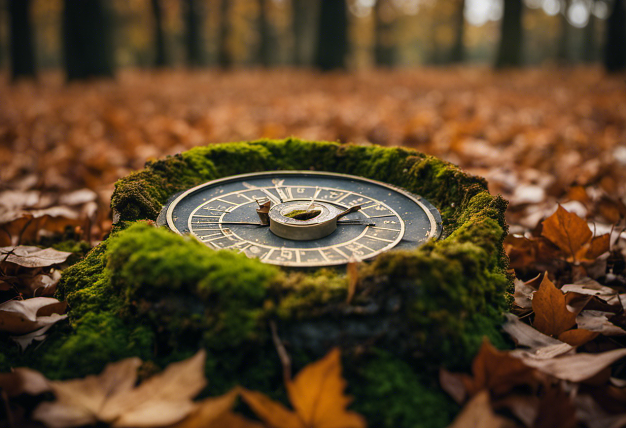 An image showcasing a broken sundial, partially covered in moss and surrounded by fallen leaves, symbolizing the legacy and lessons learned from the abandoned French Republican Calendar