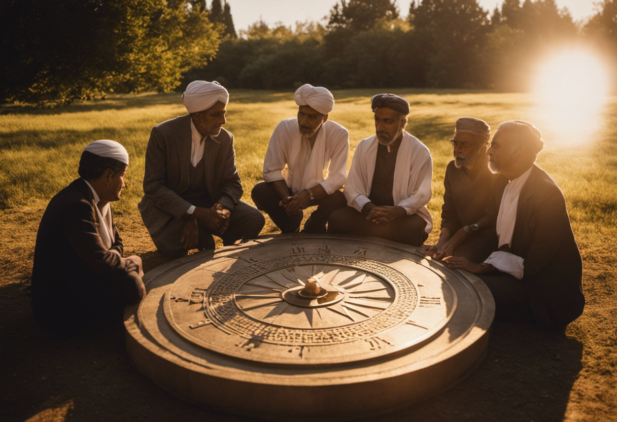 An image showcasing a group of diverse individuals gathered around a Zoroastrian sundial, their faces illuminated by the warm glow of the sun, symbolizing the role of Zoroastrian timekeeping in fostering community unity and harmony