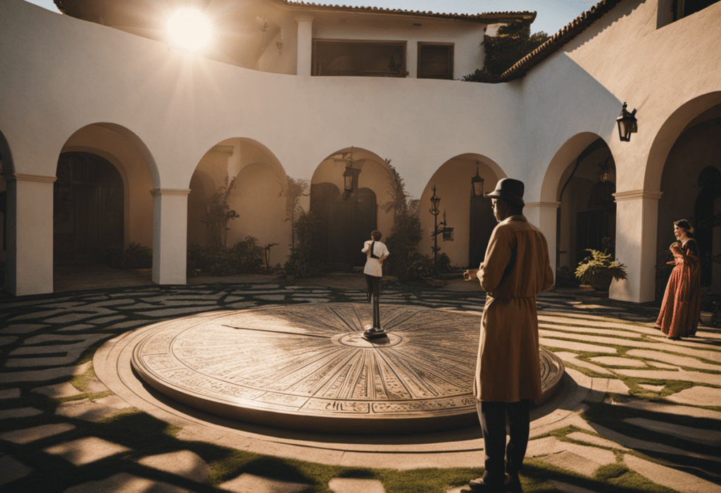An image showcasing a serene courtyard with a grand sun dial centrally placed, casting intricate shadows on the ground