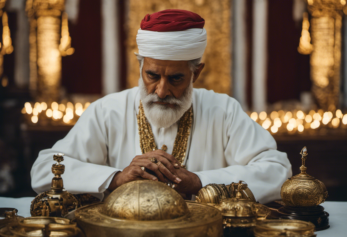 An image depicting a serene Zoroastrian priest, donned in traditional attire, solemnly observing the celestial bodies with an ancient astrolabe, symbolizing their pivotal role in Zoroastrian timekeeping and their contribution to fostering social unity within the community