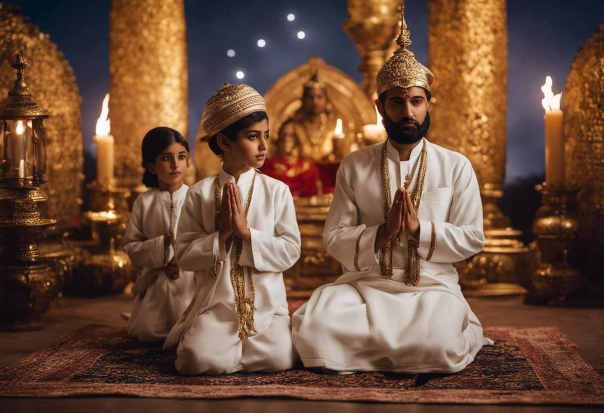 An image showcasing a Zoroastrian family engaging in their daily rituals and activities, seamlessly aligned with celestial movements