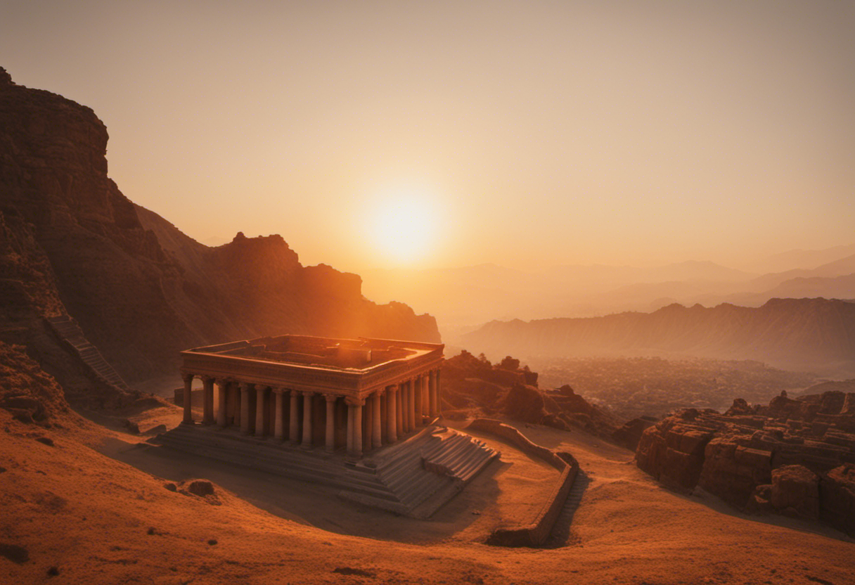 An image showcasing the ancient Zoroastrian fire temples, with their distinct architecture and sacred flames, surrounded by a serene landscape