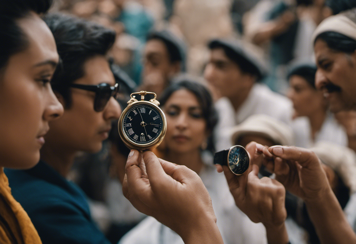 An image showcasing a diverse group of people engaging in activities representative of modern society, with a Zoroastrian timekeeping device prominently displayed, symbolizing how this ancient practice fosters social harmony and relevance in today's world