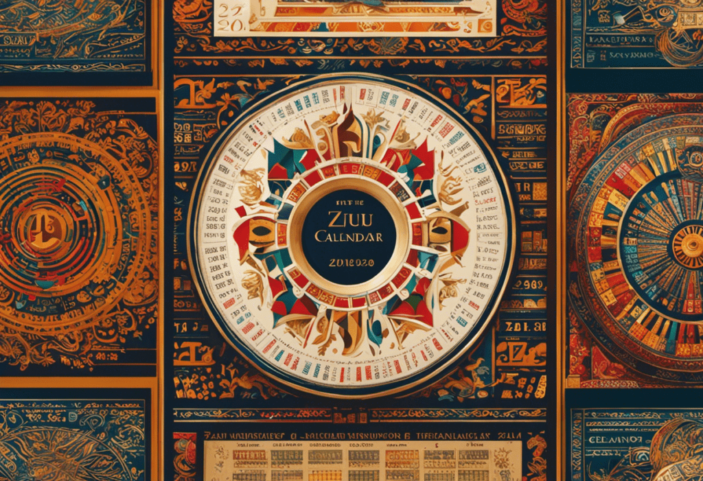 An image showcasing two calendars side by side: the Zulu Calendar with its intricate patterns, bold colors, and symbols representing seasons, contrasted with the Gregorian Calendar's clean lines, numerical layout, and internationally recognized months