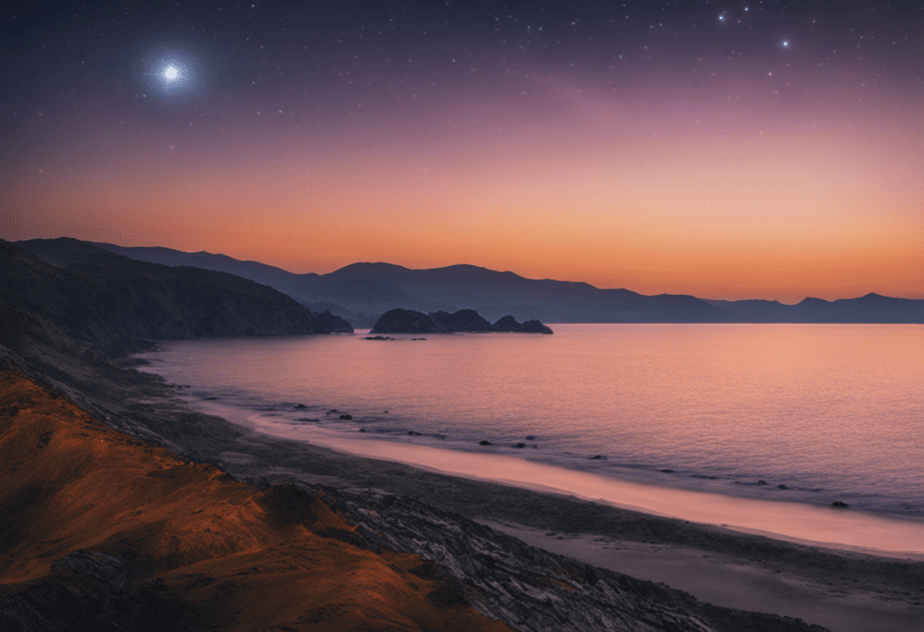 An image showcasing a stunning horizon at dawn, with five prominent celestial bodies - Pleiades, Sirius, Arcturus, Spica, and Antares - shining brightly, embodying the ancient Greek concept of heliacal risings