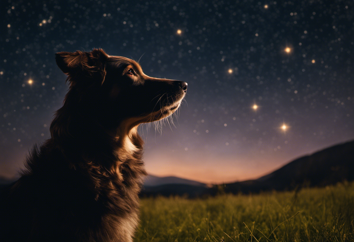 An image depicting a mesmerizing night sky, where a radiant Sirius, the brightest star, rises against the silhouette of a dog constellation
