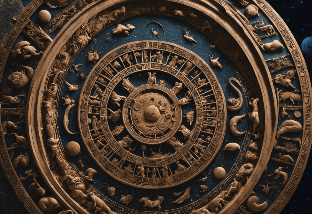 An image showcasing a circular stone slab with intricate carvings depicting celestial bodies, zodiac signs, and Greek gods