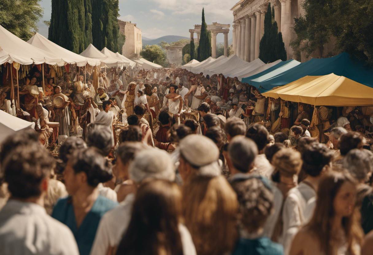An image depicting a vibrant ancient Greek marketplace filled with jubilant people, adorned with laurel wreaths, engaging in lively dances, music, and feasting, showcasing the significance of festivals and celebrations in the ancient Greek calendar