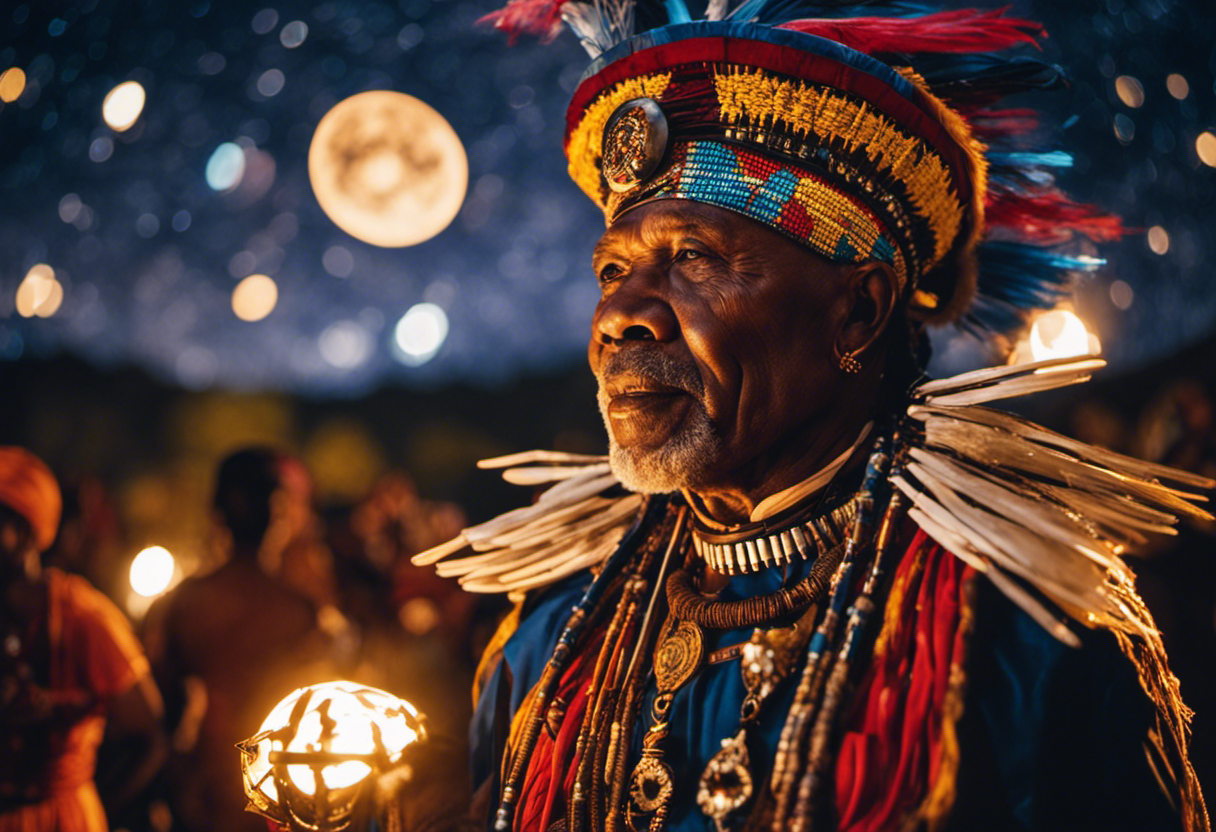 An image featuring a Zulu elder adorned in vibrant traditional attire, performing a sacred dance beneath a vast night sky