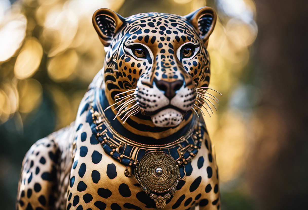An image capturing the essence of the Aztec Jaguar deity; depict a majestic and ferocious jaguar, adorned with intricate patterns, poised in a regal stance, radiating an aura of unparalleled power and strength