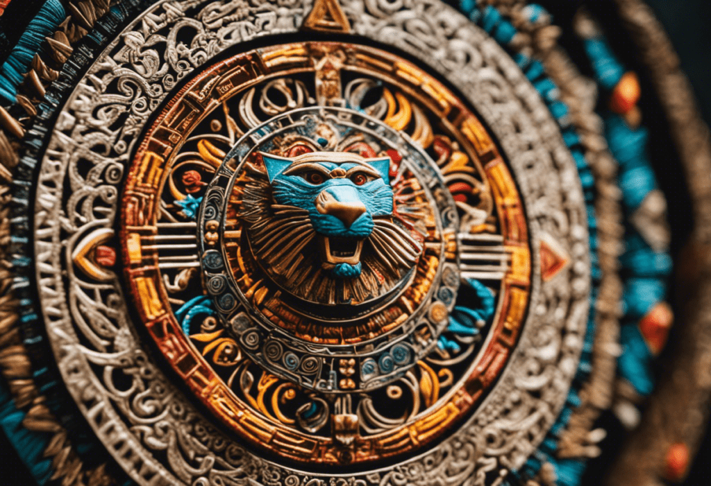 An image showcasing the intricate Aztec Calendar Animals, with vibrant colors and intricate patterns