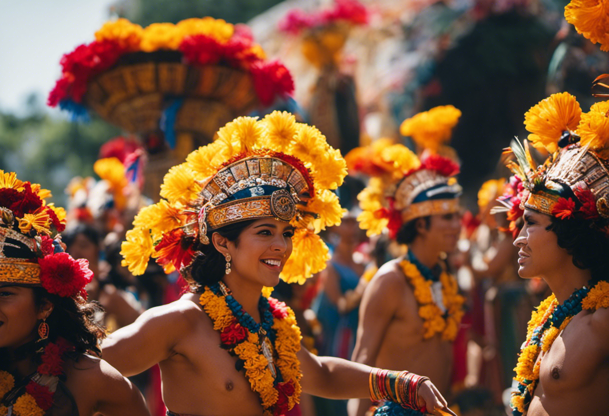 An image showcasing the vibrant customs of Aztec Calendar Festivals - a lively procession of dancers wearing elaborate feathered headdresses, clashing instruments, and cascades of colorful marigold petals filling the air, as the community gathers to honor ancient traditions