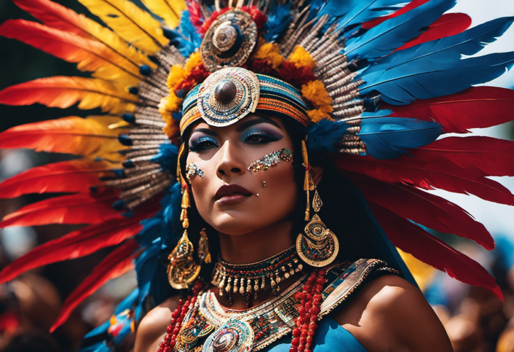 An image showcasing the vibrant Aztec Calendar Festival: vividly colored feathers adorn dancers in elaborate headdresses, as they perform intricate traditional dances around a grand ceremonial altar, enveloped in a cloud of copal incense