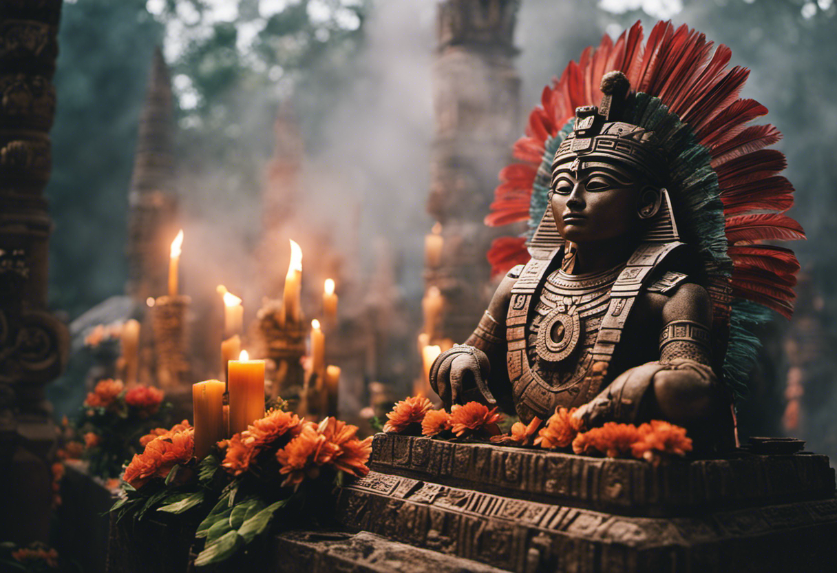 An image showcasing a grand Aztec temple, adorned with vibrant feathers, flowers, and incense, as priests perform sacred rituals on significant dates of the Aztec calendar, enveloped in an ethereal mist