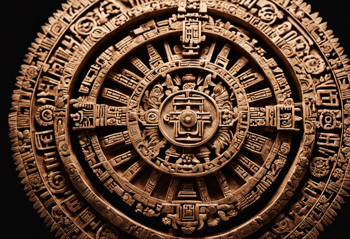 An image featuring a close-up of an intricately carved Aztec calendar wheel, showcasing its circular shape adorned with detailed symbols and hieroglyphs, capturing the essence of the Aztec Calendar System's rich complexity and cyclical nature