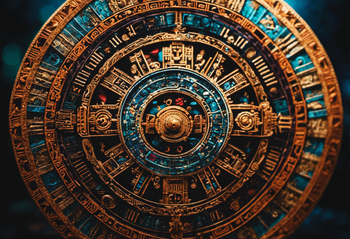 An image showcasing an intricate Aztec calendar wheel, adorned with celestial symbols, accurately predicting celestial events