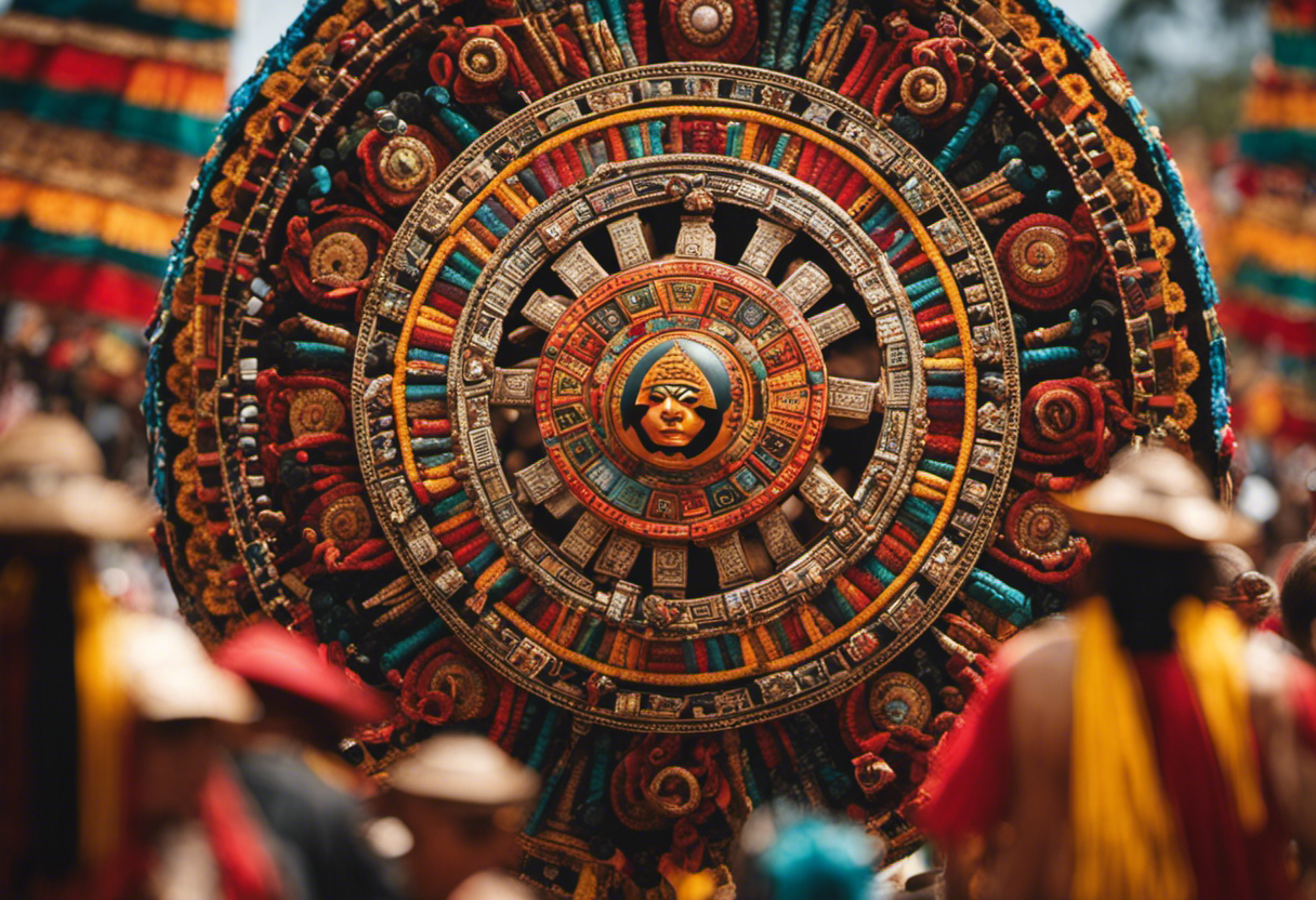 An image showcasing the vibrant Aztec Calendar Wheel surrounded by a procession of Aztec people dressed in intricate ceremonial costumes, immersed in rhythmic dances and rituals, symbolizing the profound connection between Aztec festivals and the ancient calendar cycles