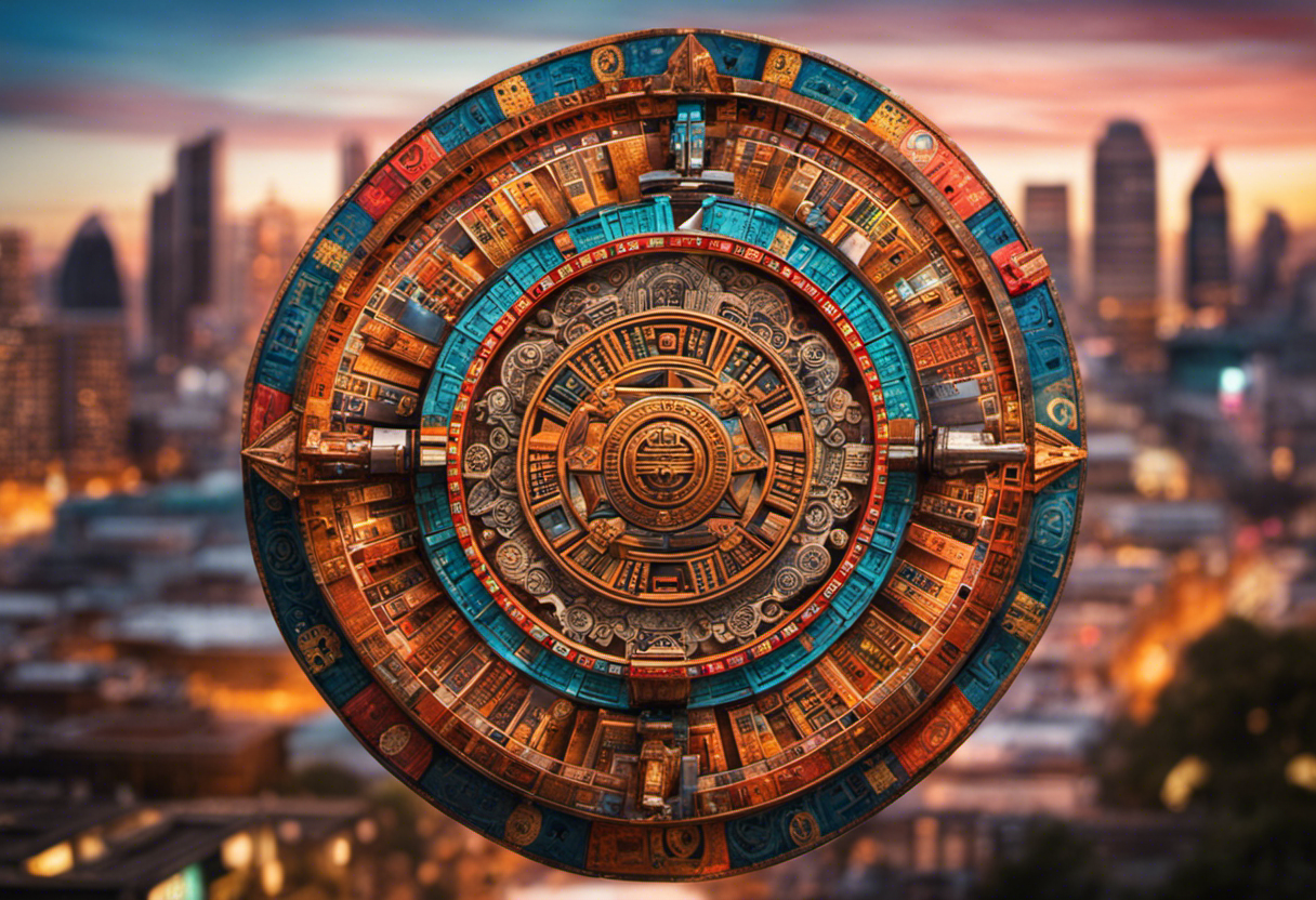 An image showcasing an Aztec calendar wheel superimposed on a modern cityscape, symbolizing the enduring legacy and influence of Aztec culture in modern times