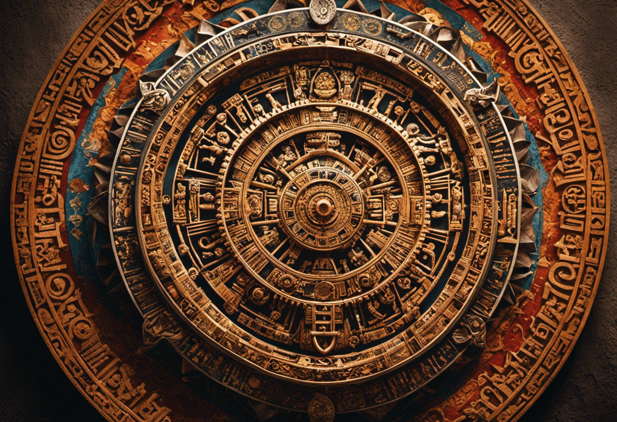 An image showcasing the intricate Aztec Calendar Wheel, with its circular design featuring intricate symbols representing celestial bodies, gods, and historical events