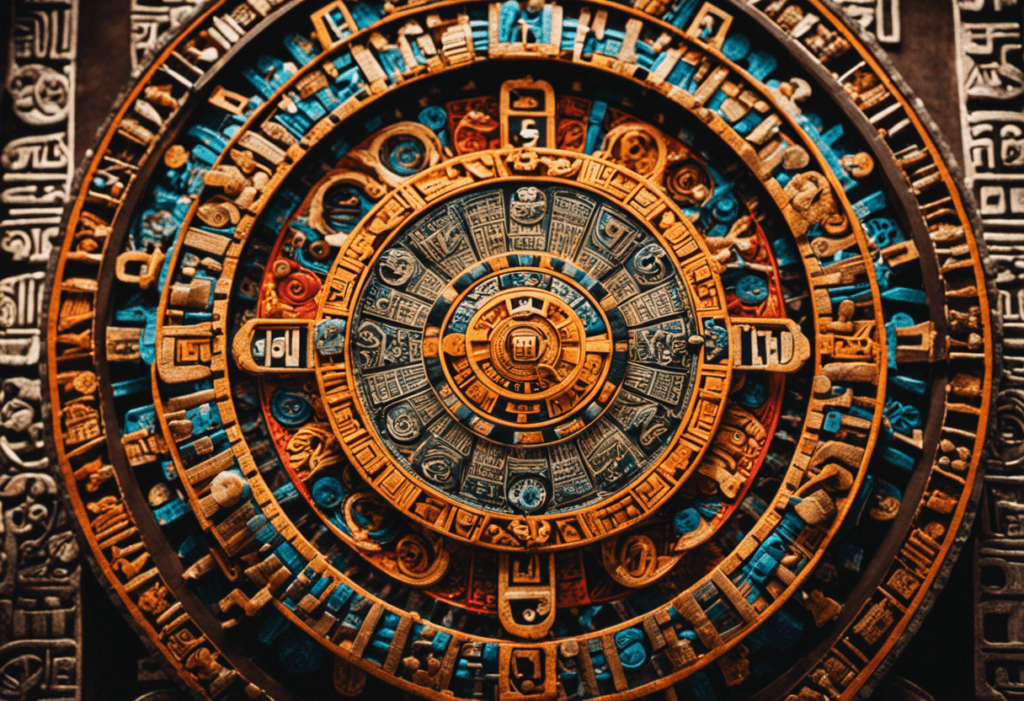 An image showcasing a vibrant Aztec calendar wheel adorned with intricate hieroglyphs and symbols, perfectly illustrating the cyclical nature of time