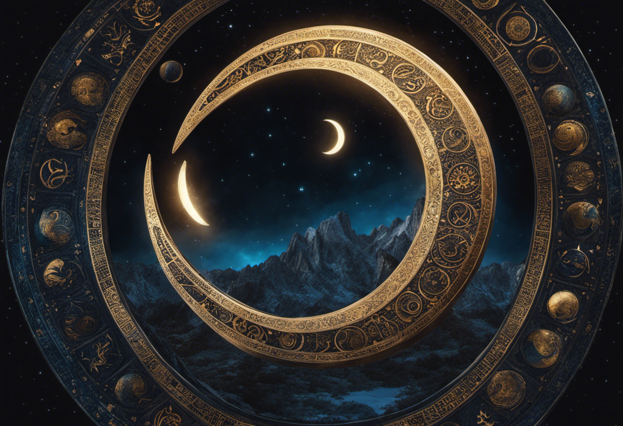 An image depicting a mesmerizing crescent moon surrounded by intricate celestial symbols, conveying the profound influence of lunar phases on the Babylonian Calendar's 360-day cycle