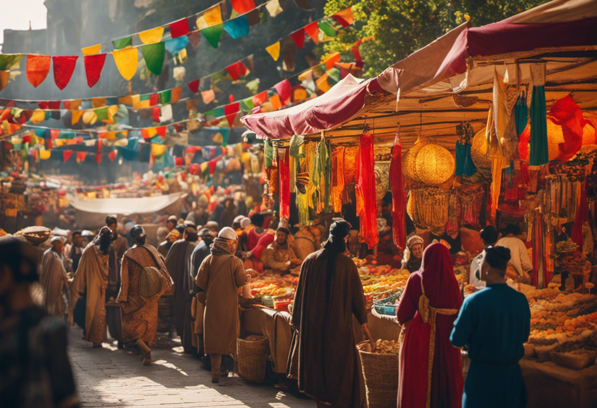An image showcasing the vibrant festivities of the Babylonian Calendar, depicting a bustling marketplace adorned with colorful banners and stalls, offering various goods and delicacies for the different months and festivals celebrated throughout the year