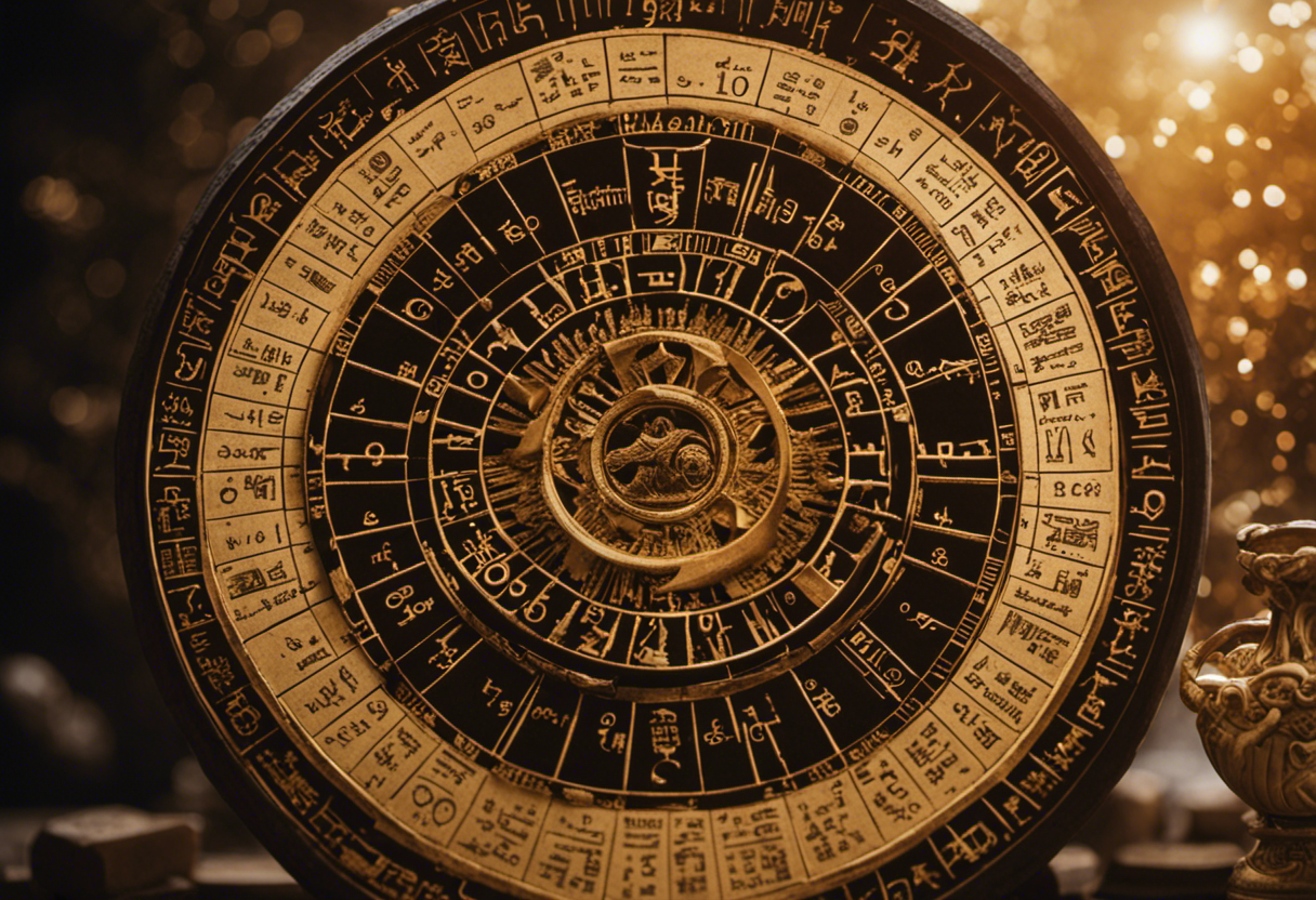 An image depicting the evolution of the Babylonian Calendar, showcasing the celestial influences, mathematical calculations, and cultural significance through visual representations of zodiac signs, intricate calculations, and ancient artifacts