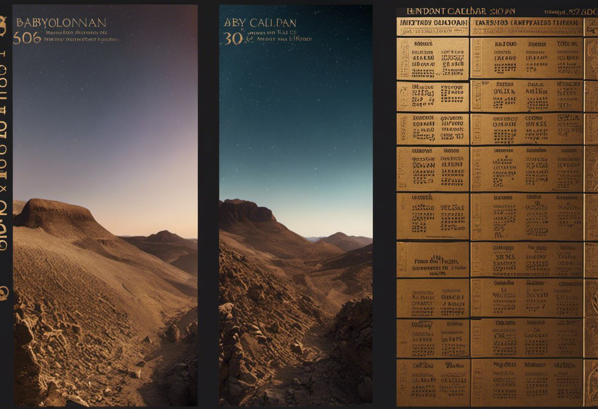An image showcasing a side-by-side comparison of the Babylonian Calendar's 360 days with other ancient calendars, highlighting their unique features using distinct visual symbols and colors