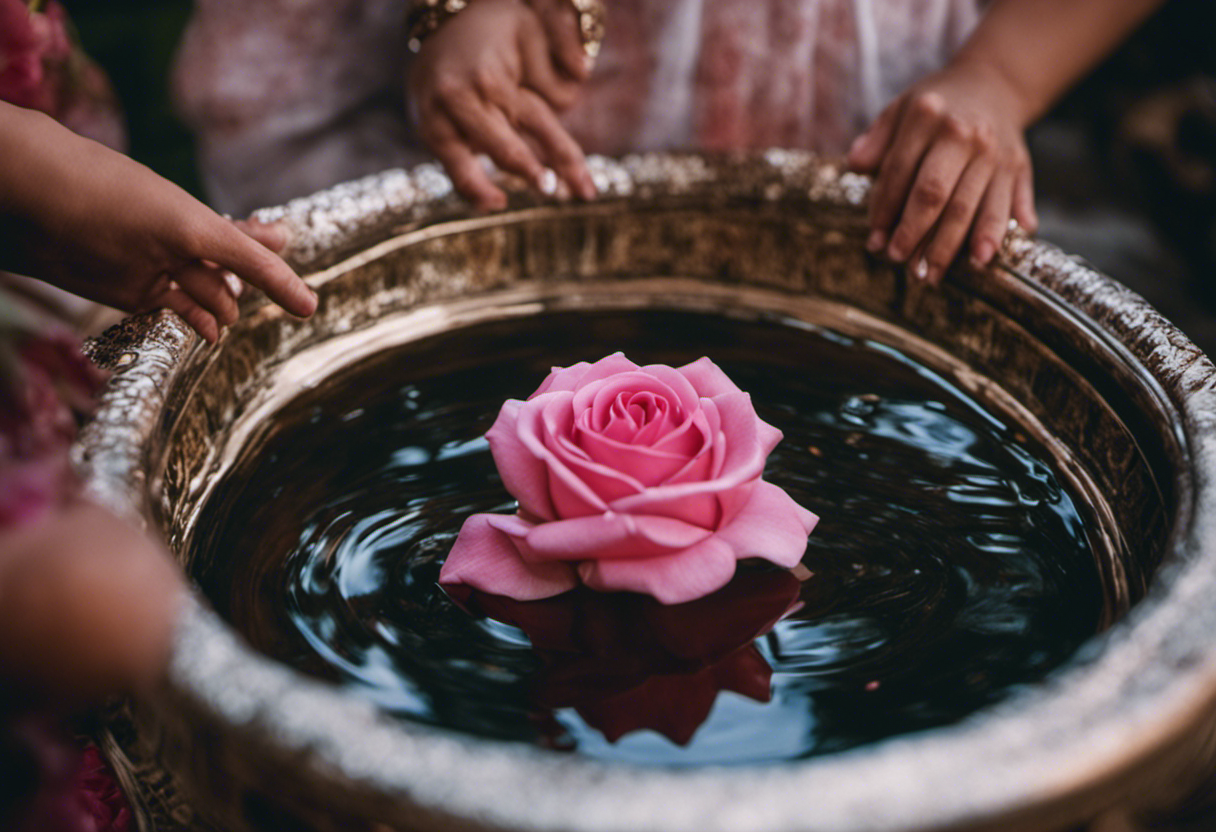An image capturing the solemnity of a Zoroastrian purification ritual, where a newborn is tenderly bathed in a sacred basin filled with rosewater, symbolizing purity and welcome into the community