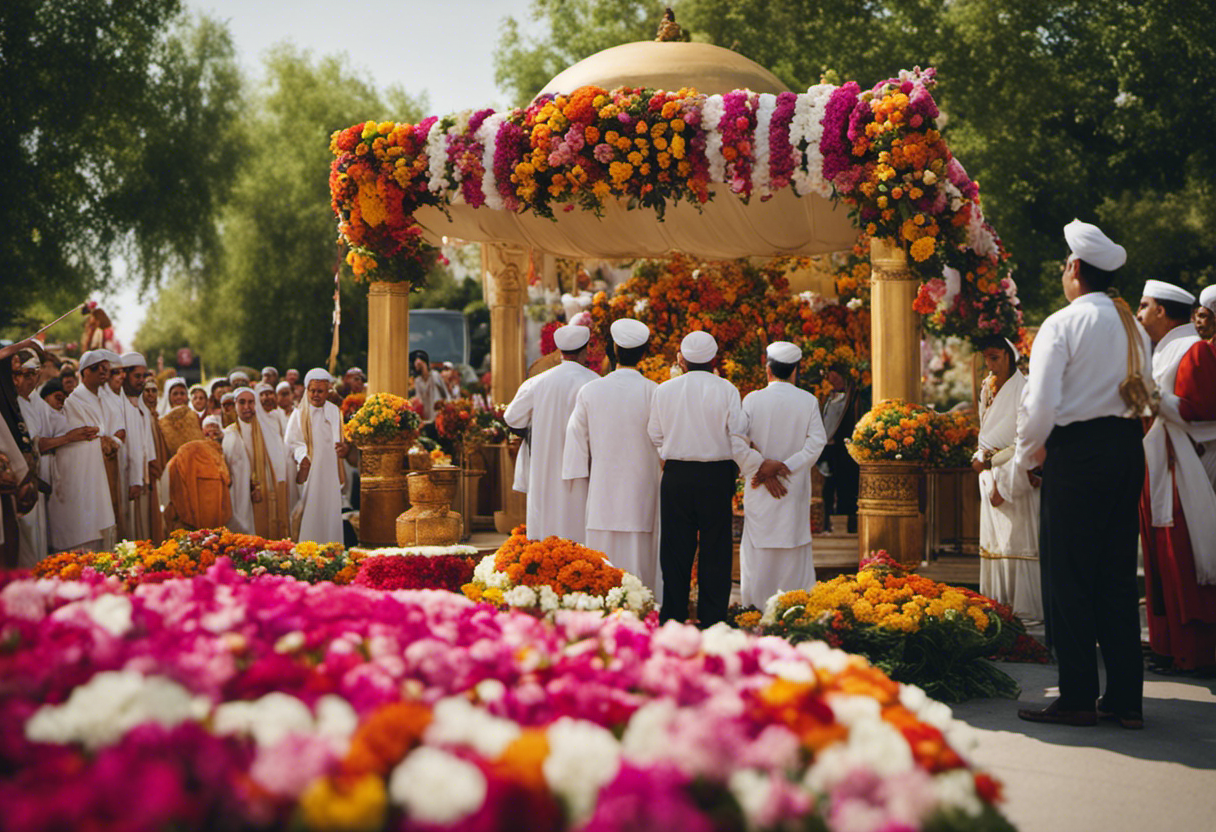 An image depicting a Zoroastrian festival scene, vibrant with colors and adorned with flowers, where families gather to commemorate life and honor birth anniversaries
