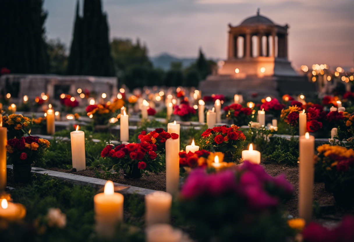 An image depicting a serene Zoroastrian cemetery adorned with vibrant flowers and flickering candles, as mourners gather to pay homage to their departed loved ones, fostering a sense of solace and remembrance