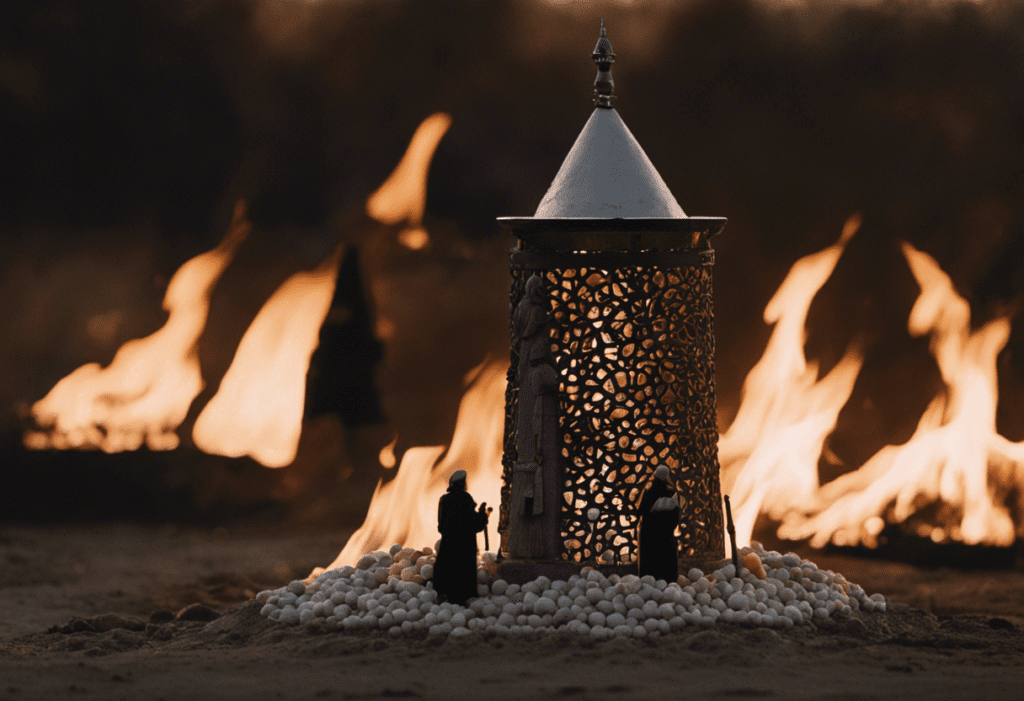 An image showcasing the cycle of life and death in Zoroastrianism, incorporating elements such as a sacred fire surrounded by mourners dressed in white, a cradle symbolizing birth, and a dakhma (tower of silence) representing the final resting place