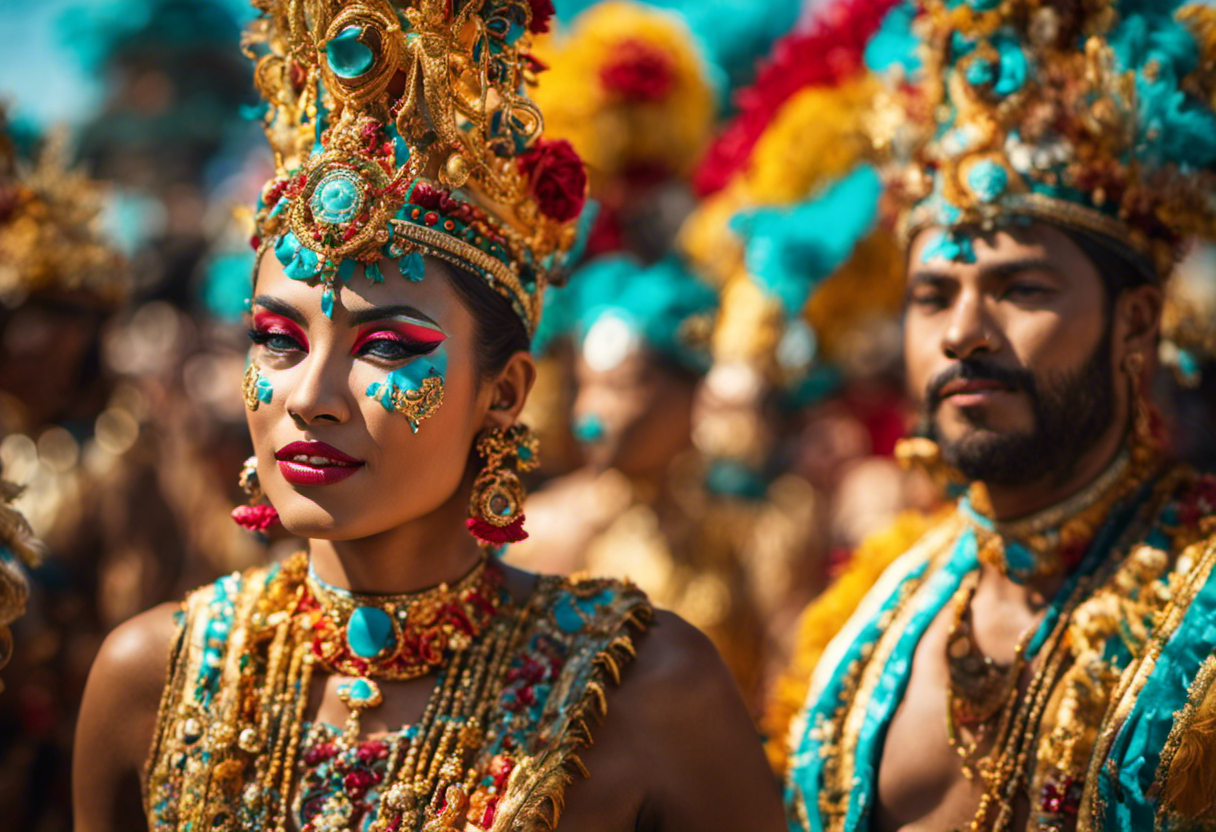 An image that captures the vibrant essence of the Festival of Opet, showcasing a magnificent procession of elaborately adorned individuals, their bodies adorned with hues of gold, turquoise, and crimson, as they joyfully celebrate and unite in a harmonious kaleidoscope of colors