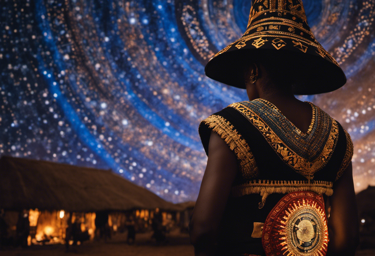 An image capturing the essence of Zulu astrology, featuring a vibrant night sky adorned with constellations, intricately woven into a tapestry of traditional Zulu symbols and patterns