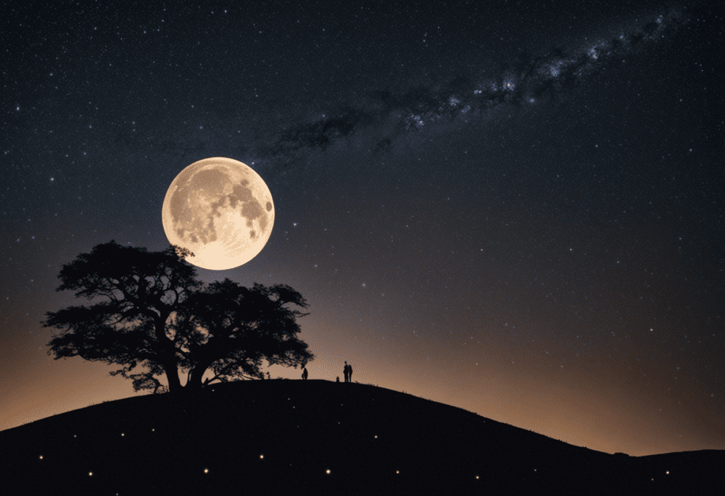 An image showcasing a mesmerizing night sky filled with a crescent moon and constellations, while a silhouette of a traditional Zulu calendar stands tall, blending ancient celestial knowledge with contemporary wonder